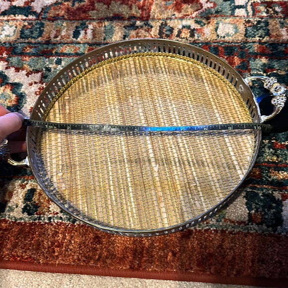 10” Vintage Brass Tray, Lined with Floral Handles - Picture 2 of 4